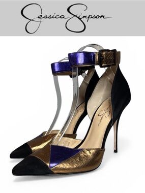 JESSICA SIMPSON WRINA COLORBLOCK METALLIC SNAKE PURPLE ANKLE STRAP PUMPS